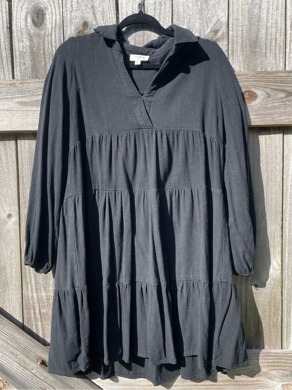 Umgee Black Tiered Long Sleeve Collared Linen/Cotton Dress Sz M